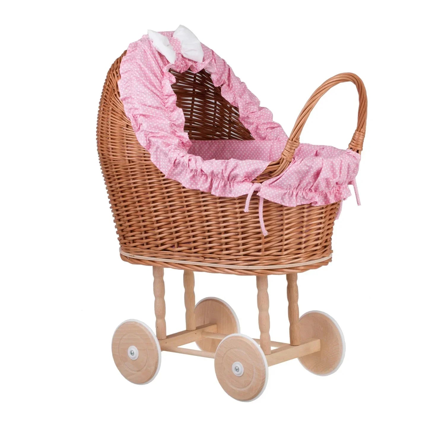 Cochecito de muñecas de mimbre Lulu con borde, manta y almohada en rosa