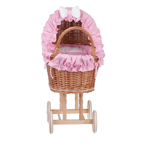 Carrozzina per bambole in vimini Lulu con finiture, copertina e cuscino rosa