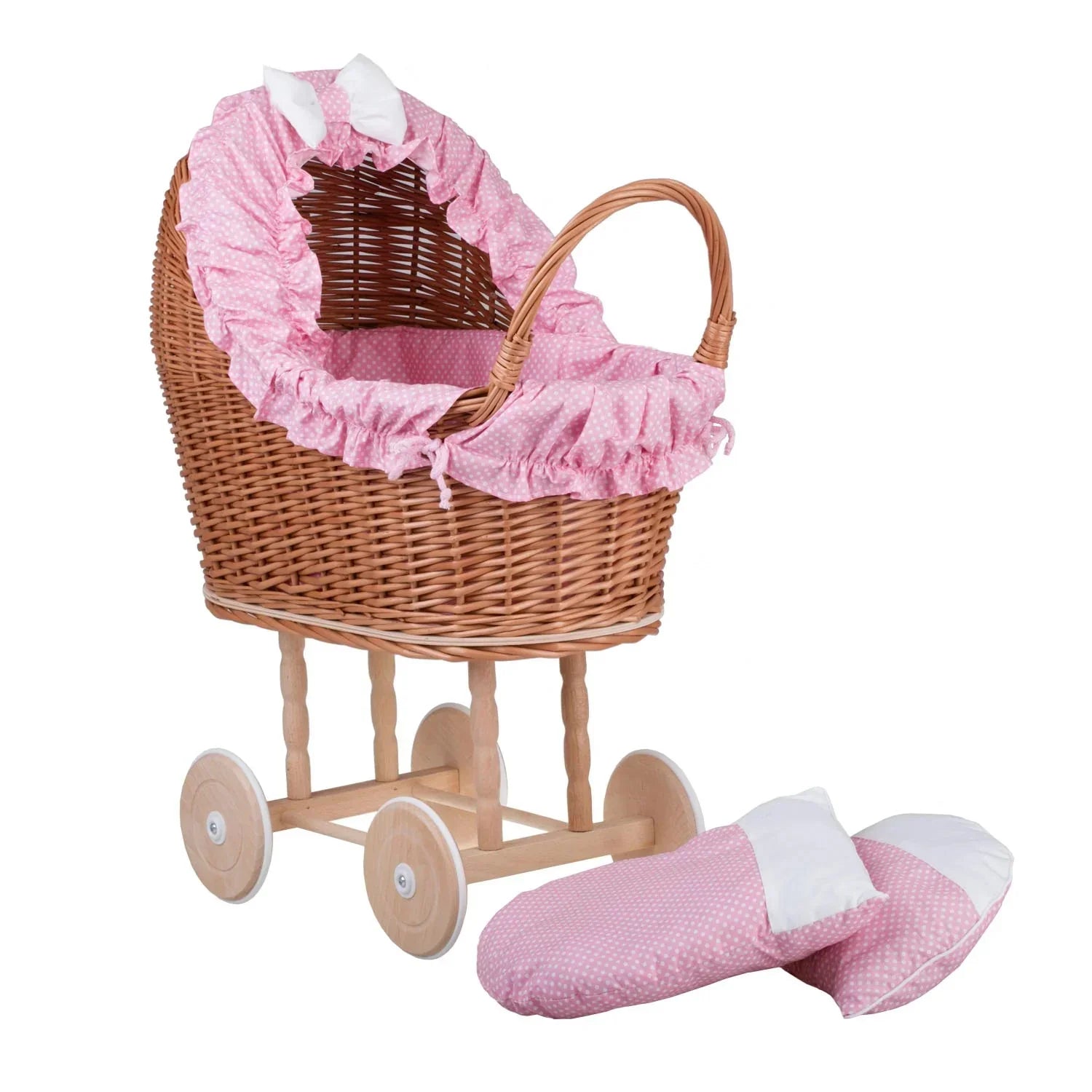 Carrozzina per bambole in vimini Lulu con finiture, copertina e cuscino rosa