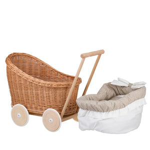 Carrozzina per bambole in vimini Luna 1330-01 con rifiniture, copertina e cuscino beige - Beige