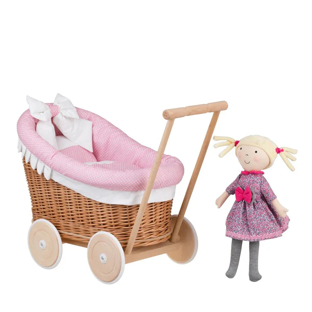 Cochecito de mimbre para muñecas Luna 1330 con ribete, manta y almohada en rosa