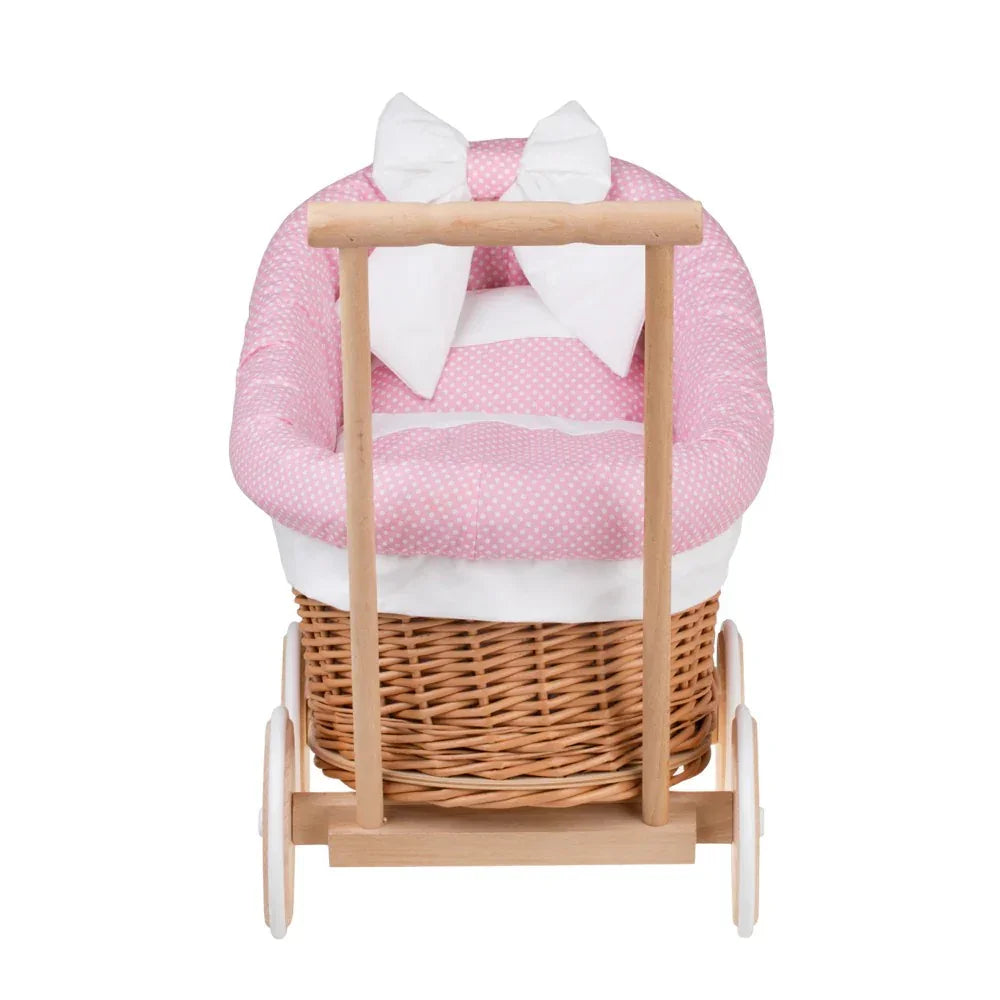 Cochecito de mimbre para muñecas Luna 1330 con ribete, manta y almohada en rosa