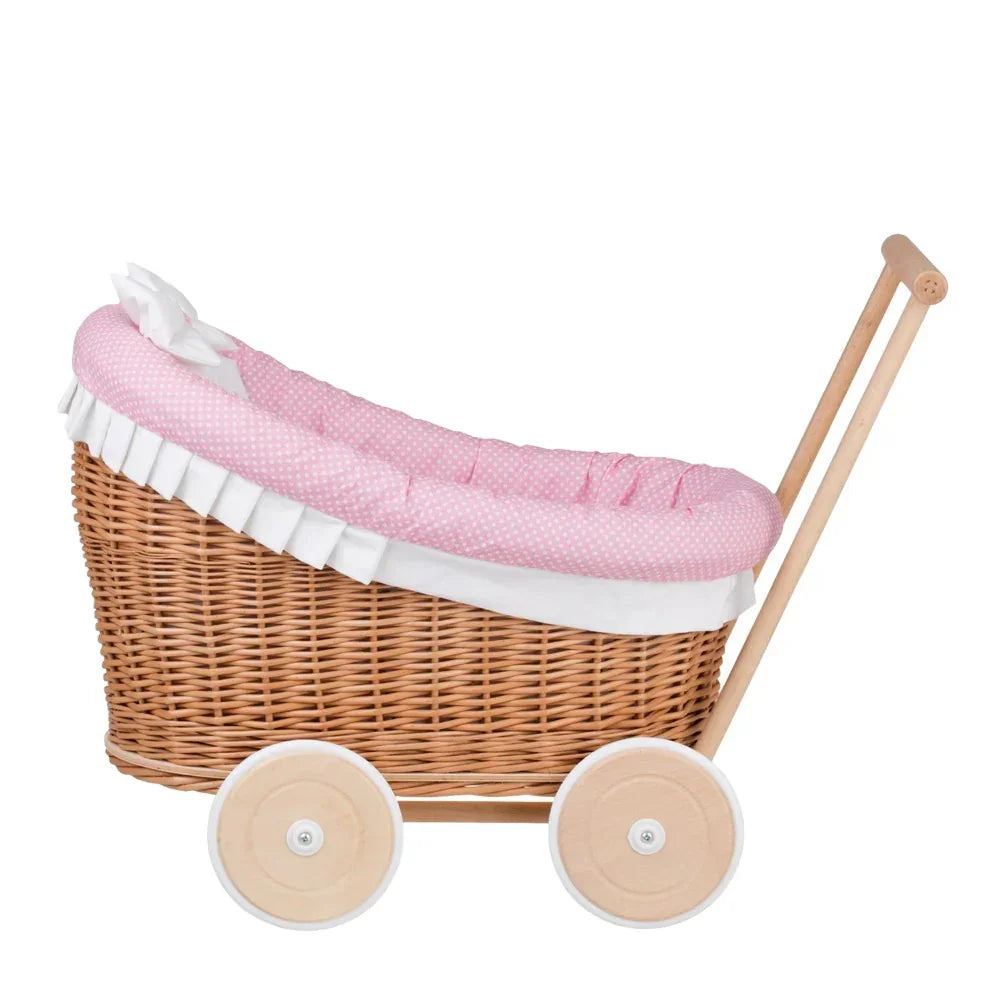 Cochecito de mimbre para muñecas Luna 1330 con ribete, manta y almohada en rosa