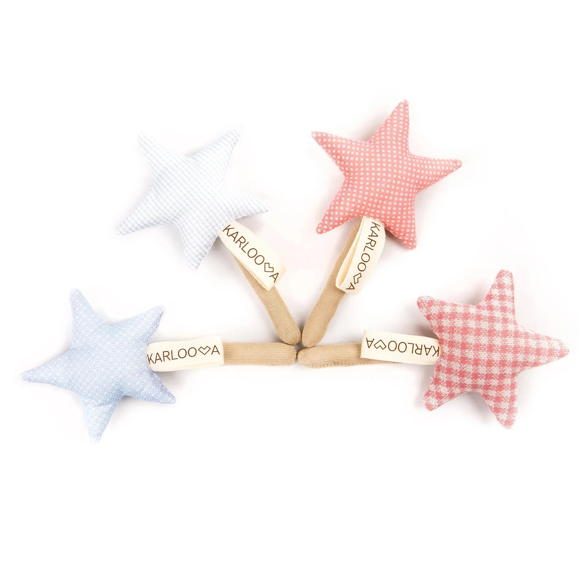 Set de varitas de estrella de tela para bebés en patrones de cuadros vichy rosa y azul con mangos suaves.
