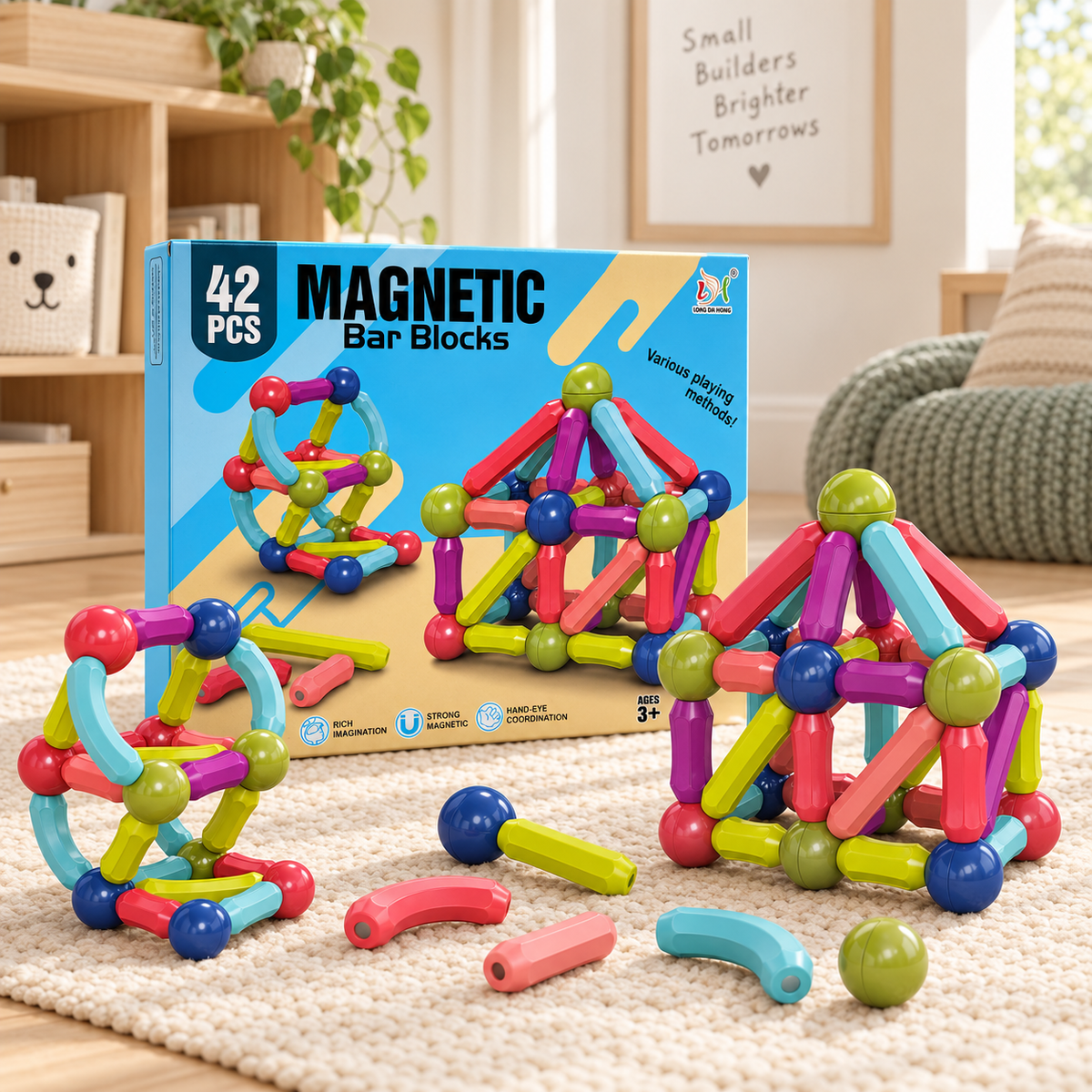 Tong Da Hong 42-piece magnetic bar and ball building set with colourful 3D structures displayed beside packaging