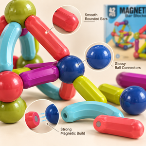 Close-up of Magnetic Bar Blocks showing rounded magnetic rods, glossy ball connectors and magnetic connection points