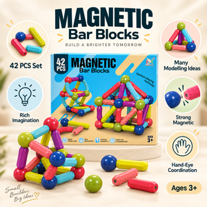 Magnetic Bar Blocks infographic showing 42-piece set, modelling ideas, strong magnetic connections and hand-eye coordination
