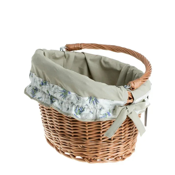 Panier de vélo en osier Maxian avec doublure beige, poignée et fixation guidon