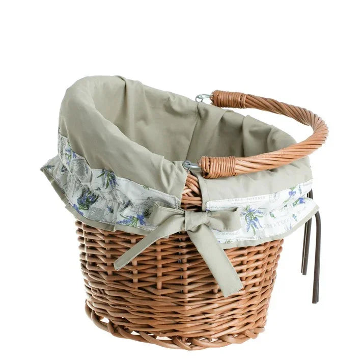 Panier de vélo en osier Maxian avec doublure beige, poignée et fixation guidon