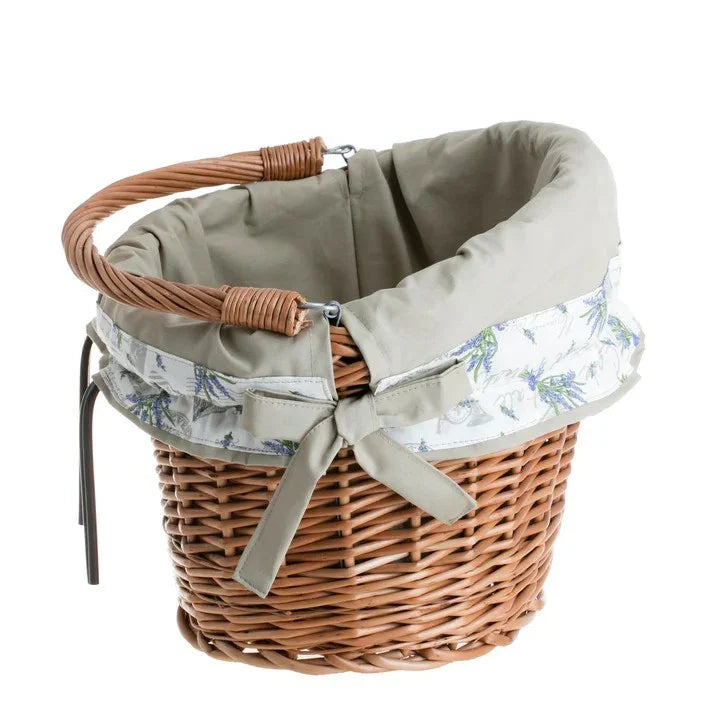 Panier de vélo en osier Maxian avec doublure beige, poignée et fixation guidon