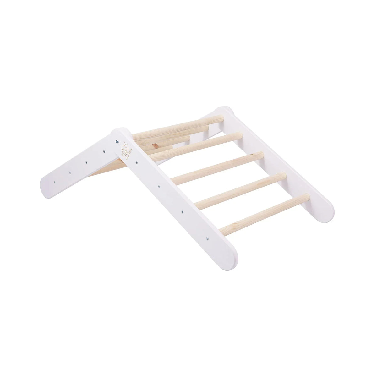 Adjustable white wooden MeowBaby ladder frame in a lower climbing position