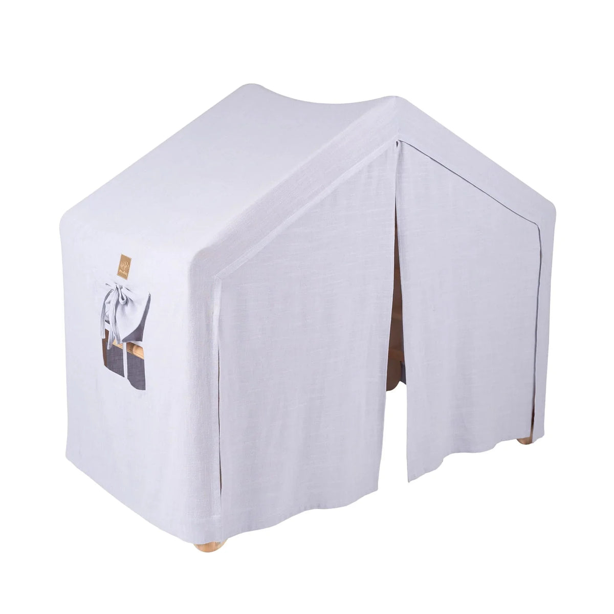 MeowBaby Large Ladder House with blue-grey tent fully closed around the natural wood frame