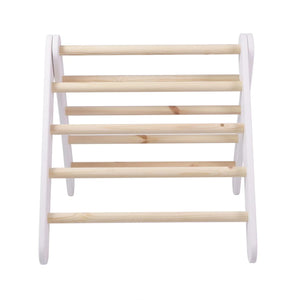 Front view of white MeowBaby indoor climbing ladder with natural wooden rungs