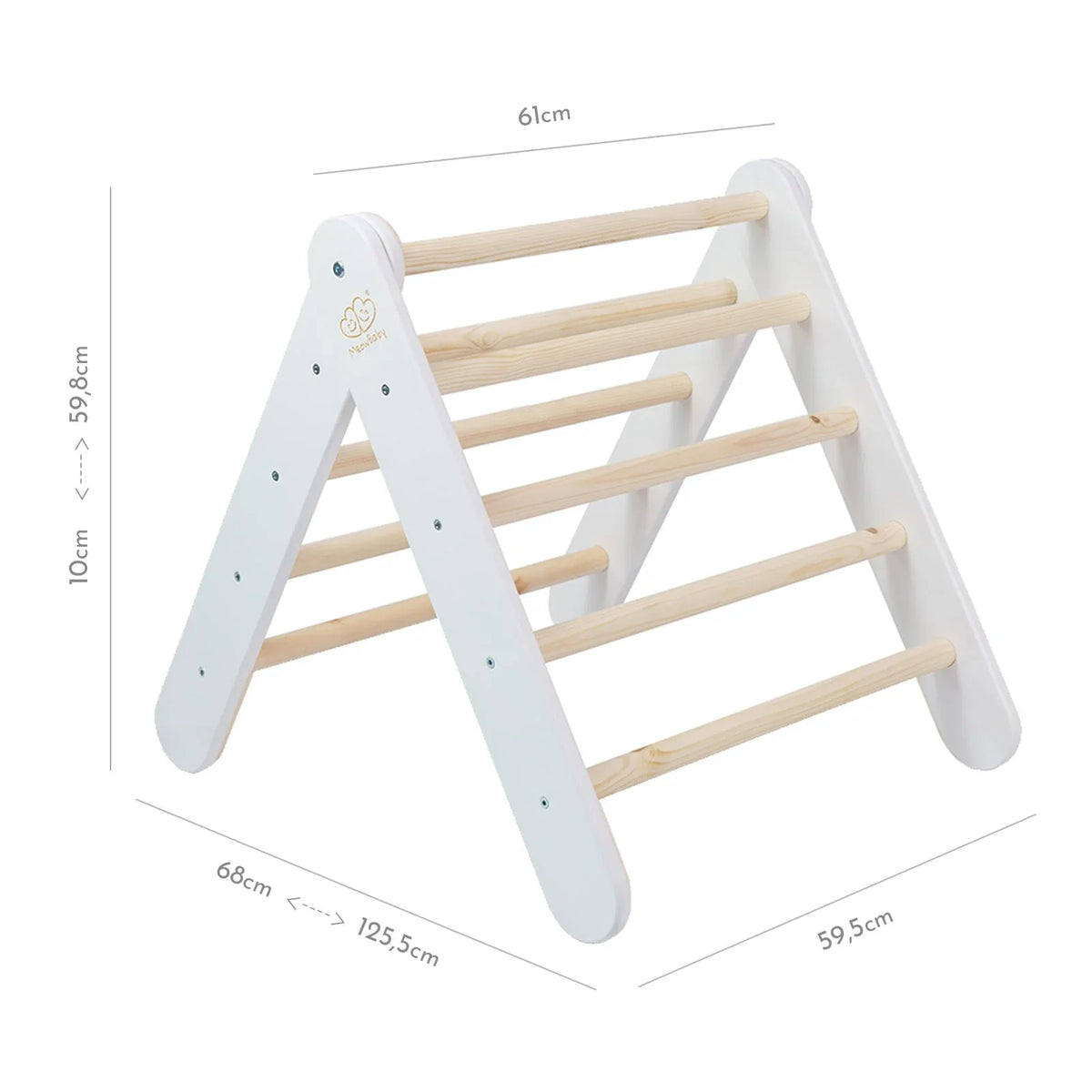 MeowBaby Ladder House dimension diagram showing adjustable width, height and opening positions