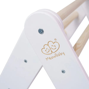 Close-up of MeowBaby logo and white ladder frame with natural wooden rungs