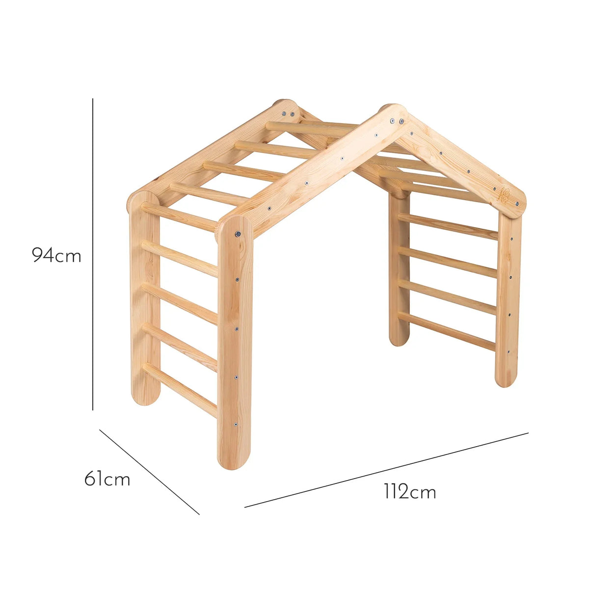MeowBaby Large Natural Wood Ladder House size diagram showing 112 cm length, 61 cm width and 94 cm height