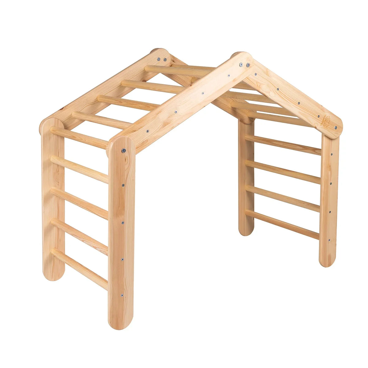 Large MeowBaby natural wood climbing frame shown without the blue-grey tent cover