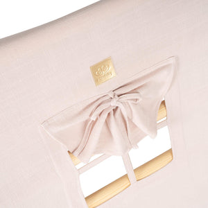 Pink MeowBaby playhouse window with matching tie-back curtain and natural wooden rungs visible inside