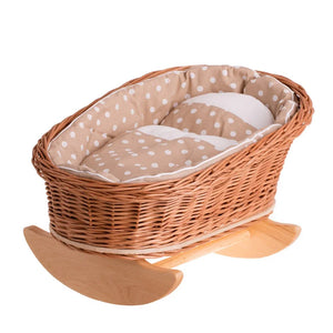 Culla in vimini per bambole Mimi con rivestimento, cuscino e trapuntina beige