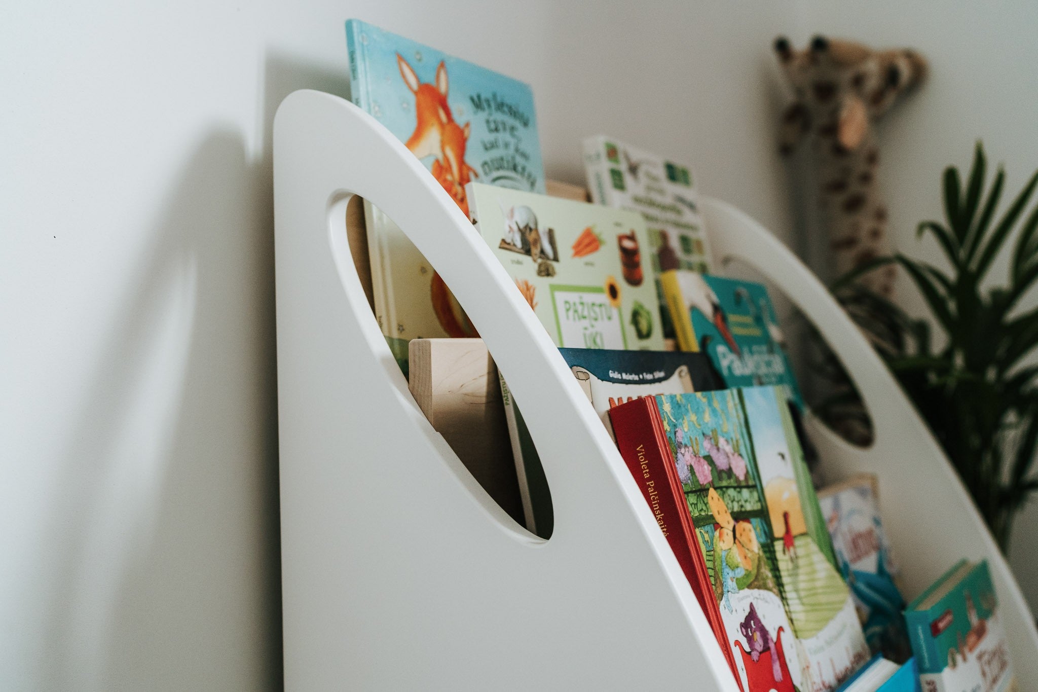 Close-up of white side panel with oval handle opening and front-facing books on Montessori bookshelf