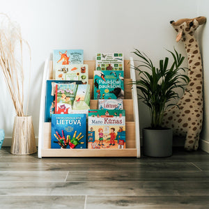 Front view of four-shelf children’s bookcase with books, indoor plant and tall giraffe decoration