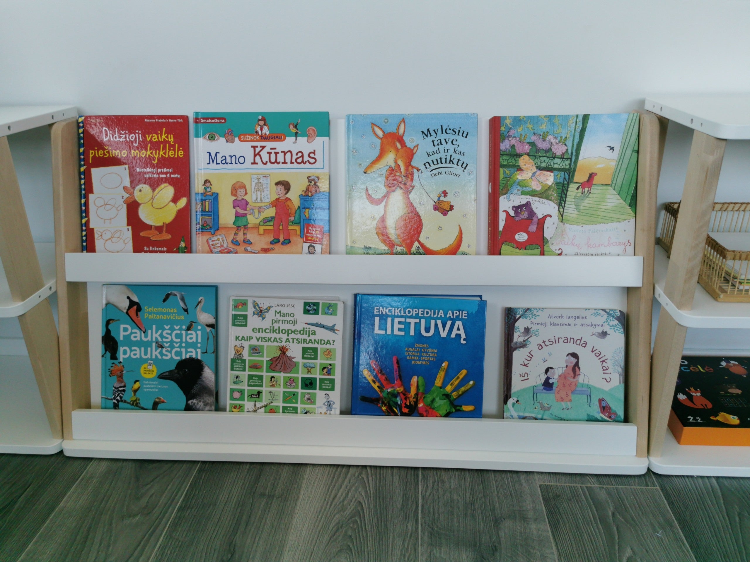 Front view of modular Montessori bookshelf with eight children’s book covers displayed across two levels