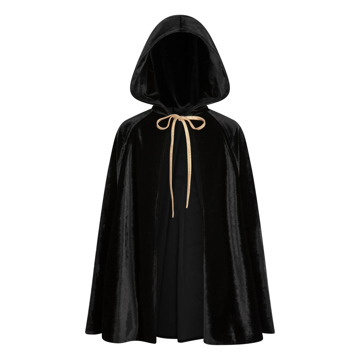 Front product view of Moi Mili Little Black Riding Hood velour cape with deep hood and gold ties