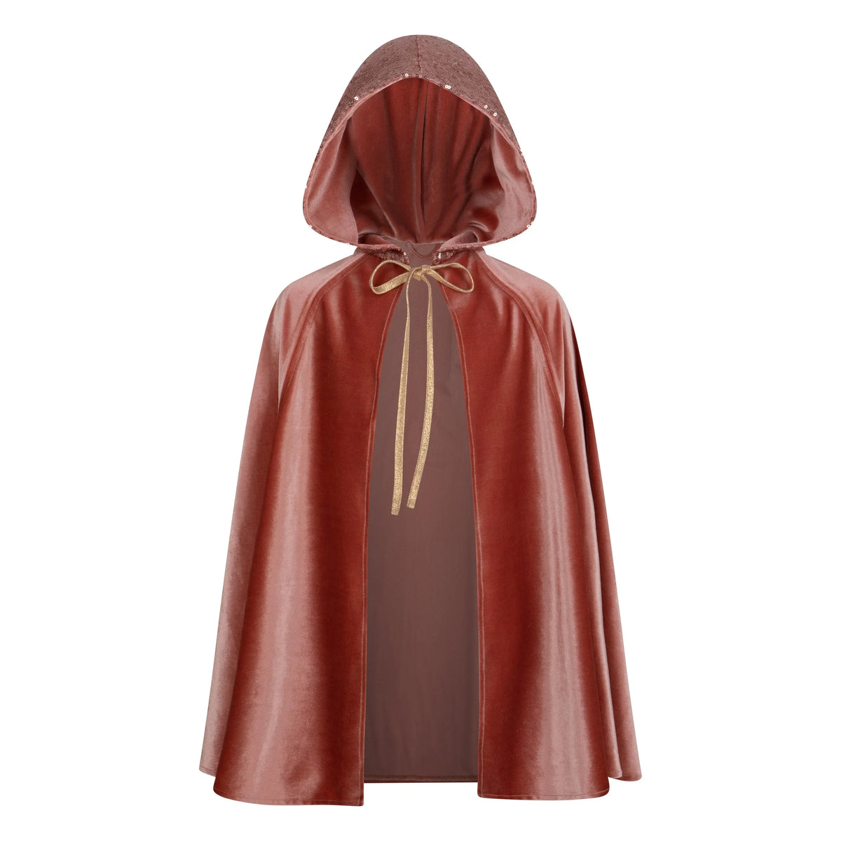 Front product view of Moi Mili Little Pink Riding Hood cape with deep hood and gold ties