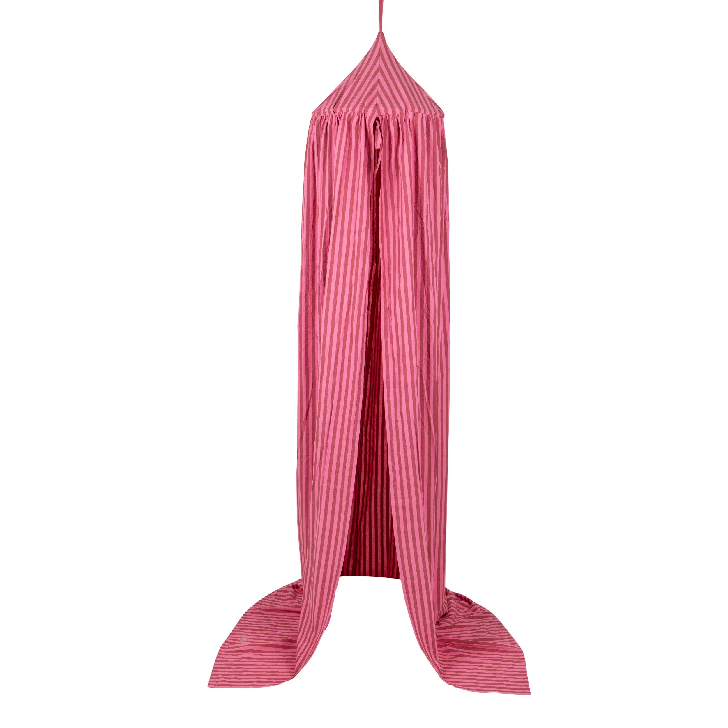 Full-length Moi Mili pink striped cotton canopy with flowing fabric and an open front on a white background