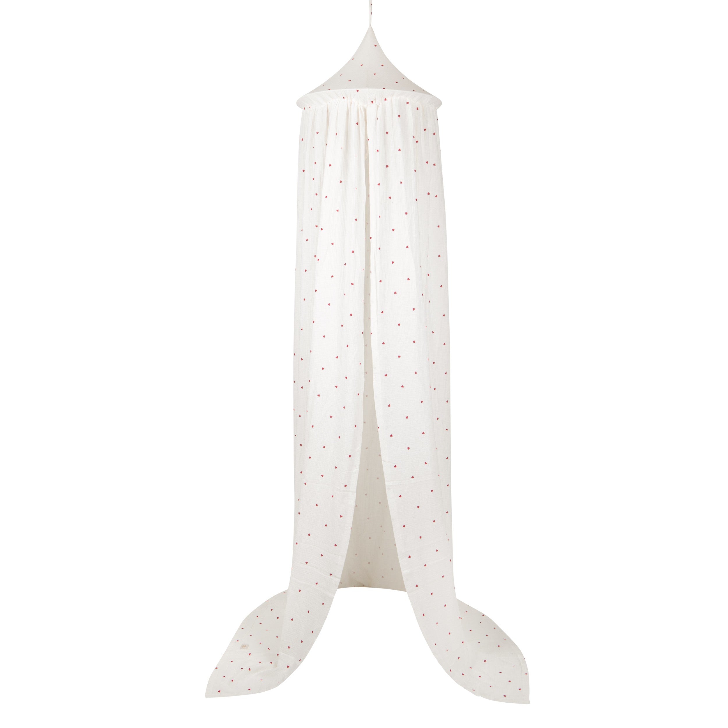 Full-length cream Moi Mili cotton canopy with a delicate red heart print on a white background