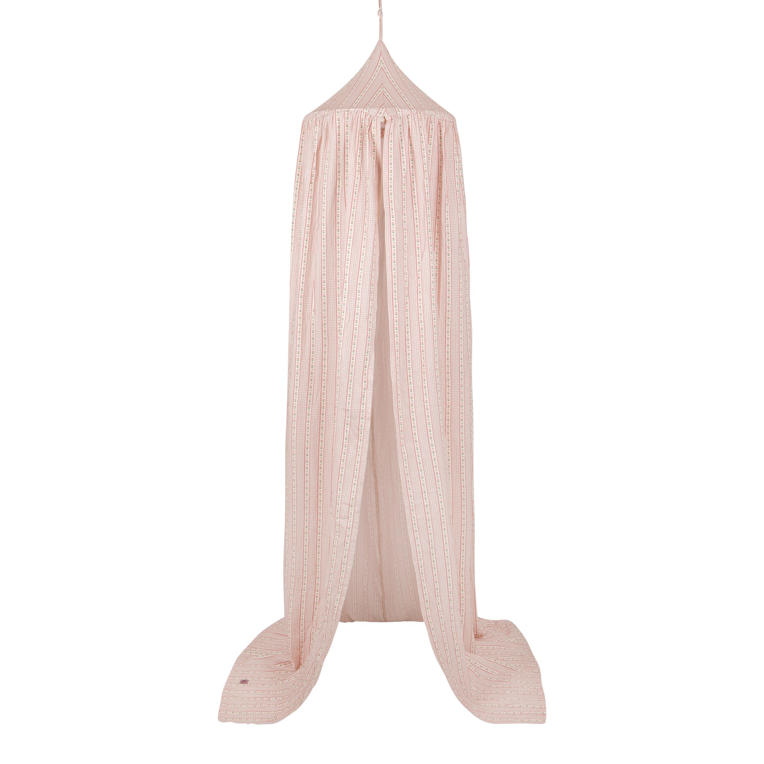 Full-length Moi Mili Vintage cotton canopy with a delicate pink striped pattern on a white background