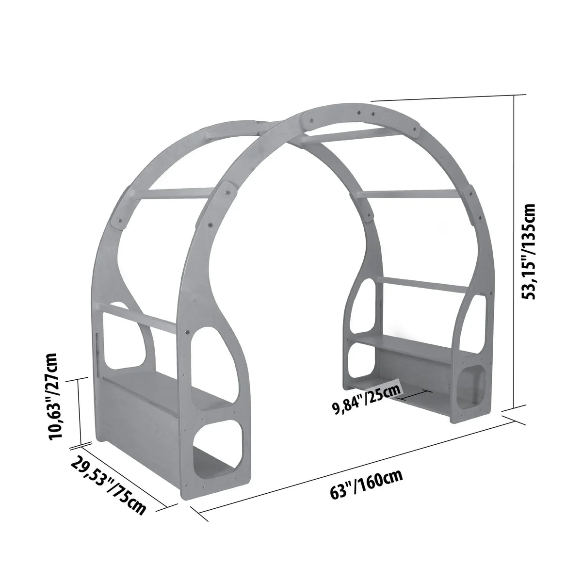 Montessori Play Stand dimension diagram showing 160 cm width, 75 cm depth and 135 cm height