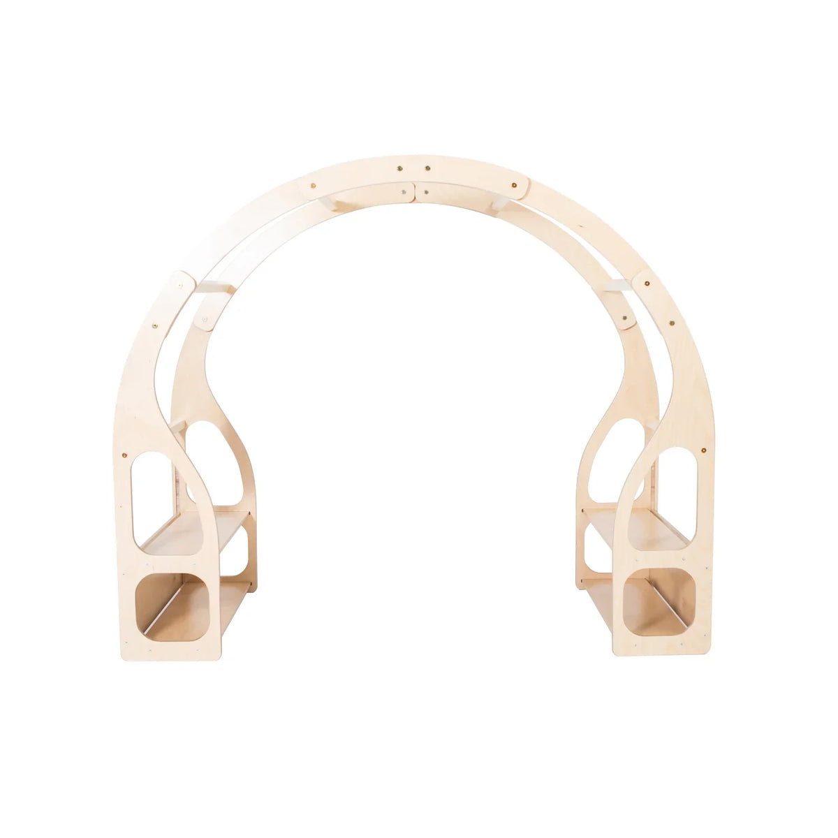 Empty front view of natural birch plywood Montessori Play Stand and curved arch