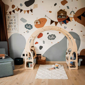 Montessori Play Stand and Toy Shelf styled in a colourful modern children’s playroom