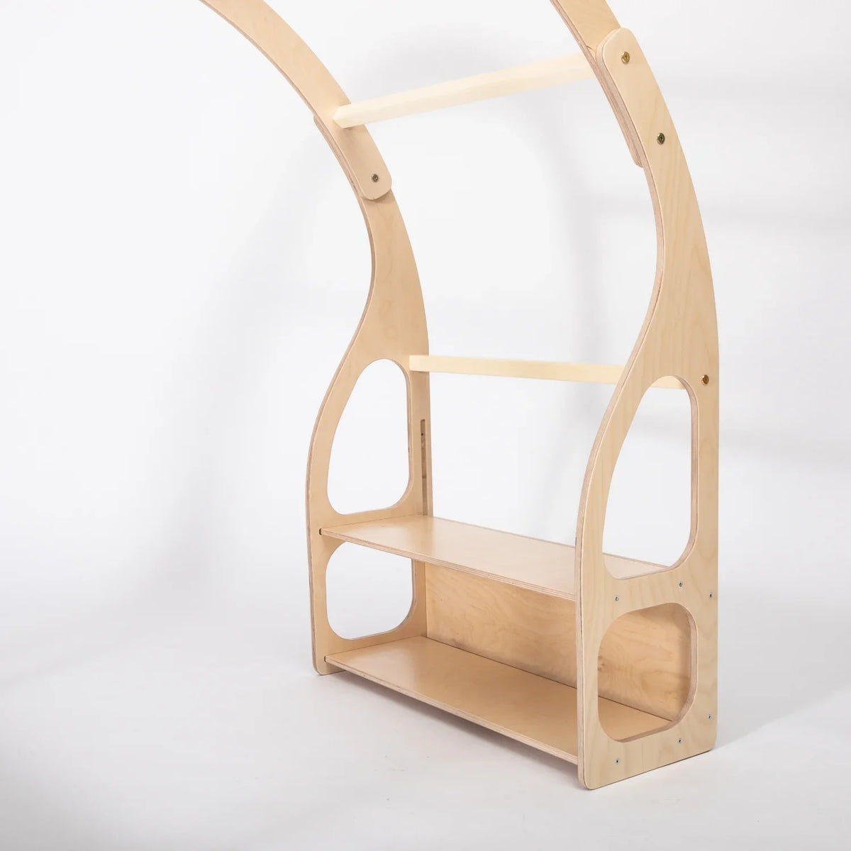 Close-up of built-in birch plywood shelves on Montessori Play Stand