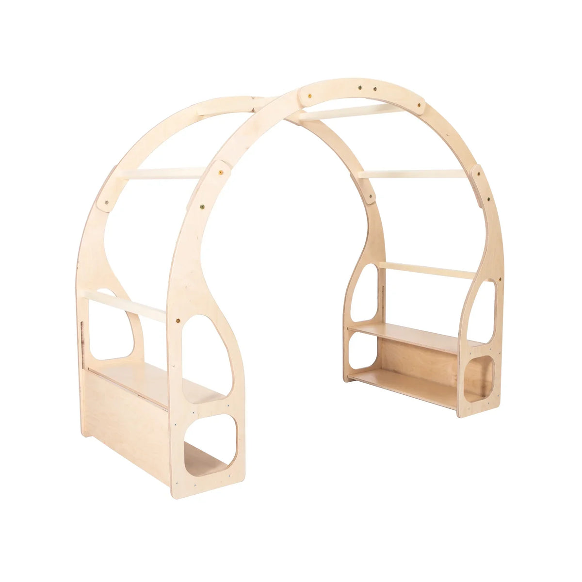 Three-quarter view of empty Montessori Play Stand showing two built-in shelf units