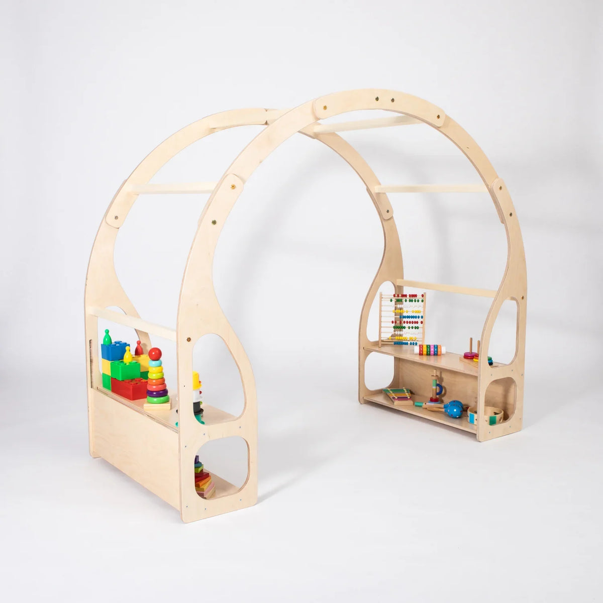 Birch plywood Play Stand filled with colourful educational toys on both sides