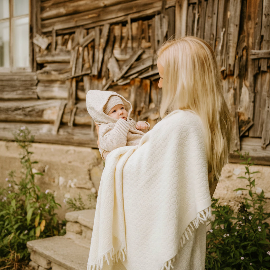 Mother holding baby wrapped in cream knitted blanket with diamond pattern outdoors