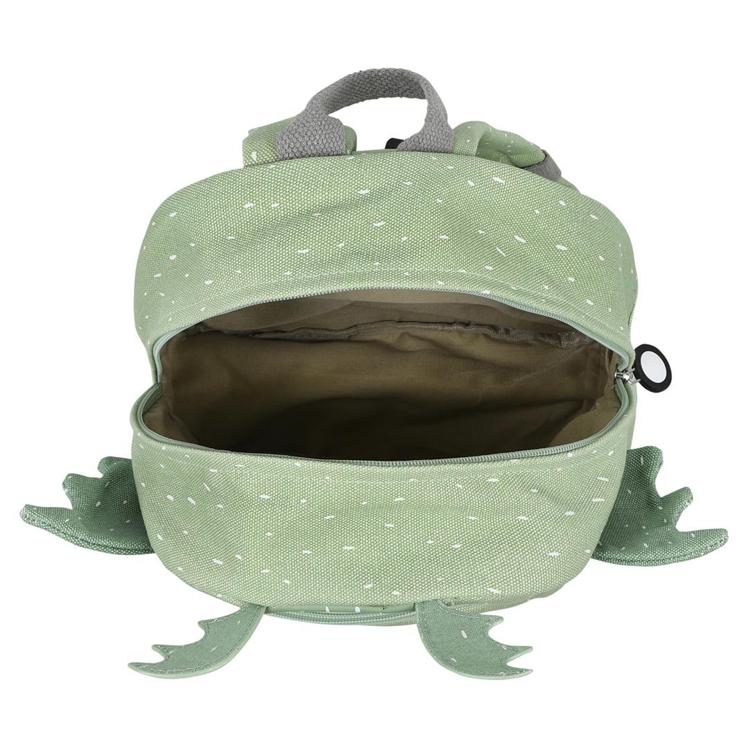 Open main compartment of Trixie Mr. Dragon backpack showing the interior lining and large zip opening