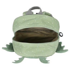 Open main compartment of Trixie Mr. Dragon backpack showing the interior lining and large zip opening