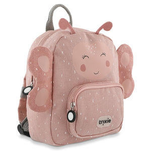 Three-quarter view of pink Trixie Mrs. Butterfly backpack with wings, antennae and front zip pocket