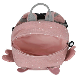Open main compartment of Trixie Mrs. Butterfly backpack showing pink lining and top carry handle