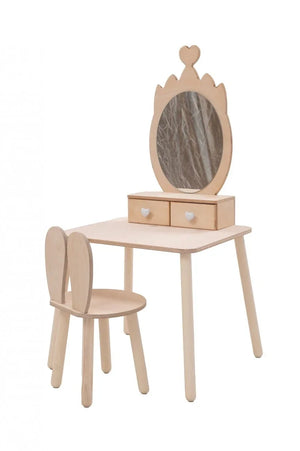 Natural Baltic birch Princess Beauty Table with crown mirror, drawers and matching chair