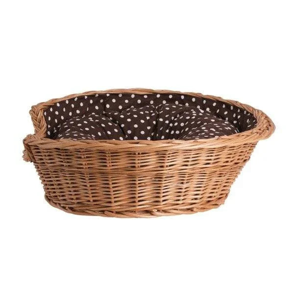 Panier pour chien en osier naturel avec design rond et coussin à pois marron
