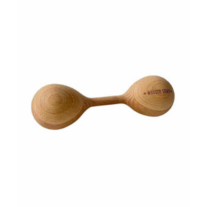 Wooden baby rattle with natural finish and 'WOODEN STORY' engraving, handcrafted European nursery toy