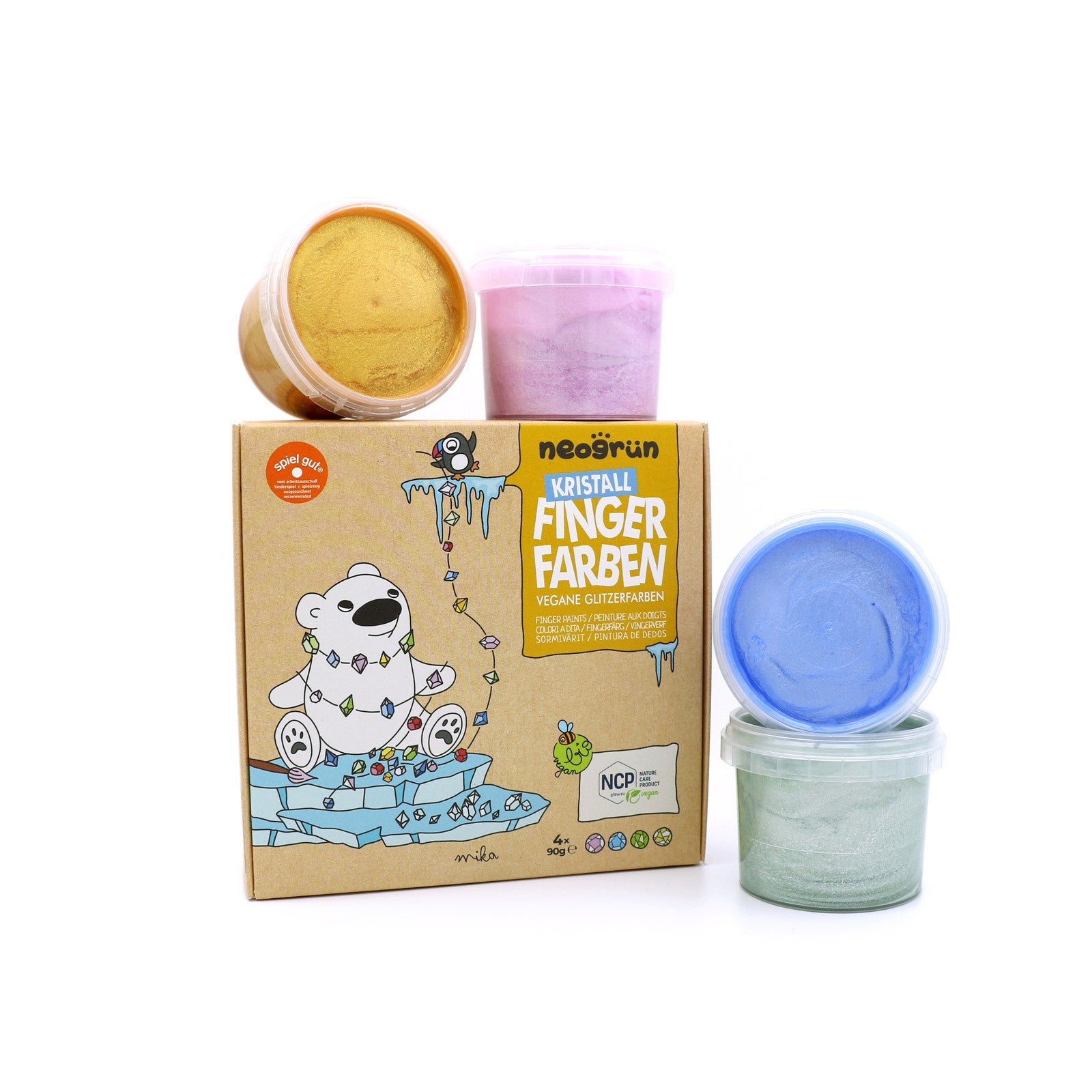 Neogrün Crystal Finger Paint box with open pots of shimmering gold, pink, blue and jade finger paint