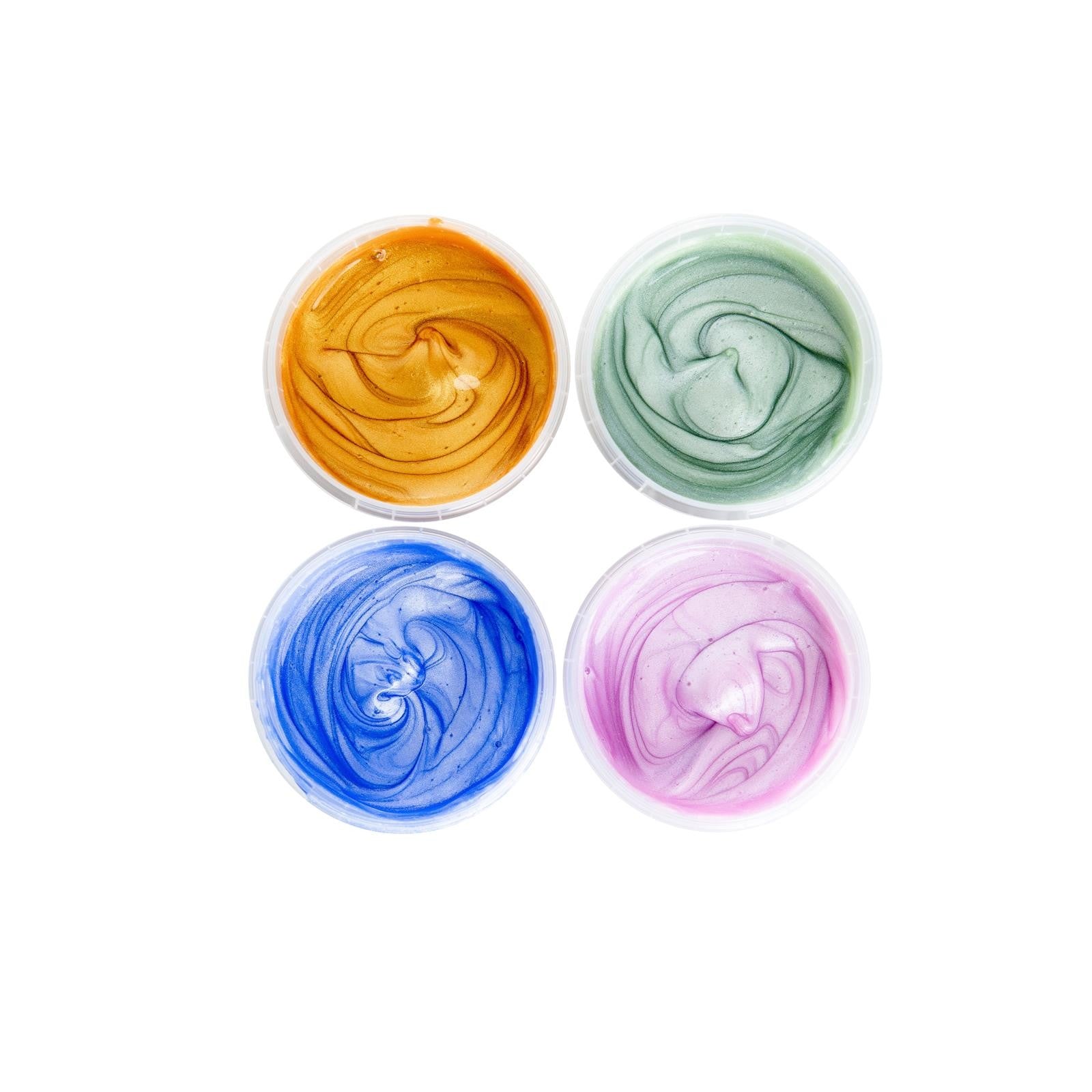Four open Neogrün Crystal finger paints showing Gold, Jade, Sapphire and Rose Quartz shimmering colours