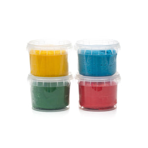 Four Neogrün Easy Clay pots stacked in yellow, blue, green and red on a white background