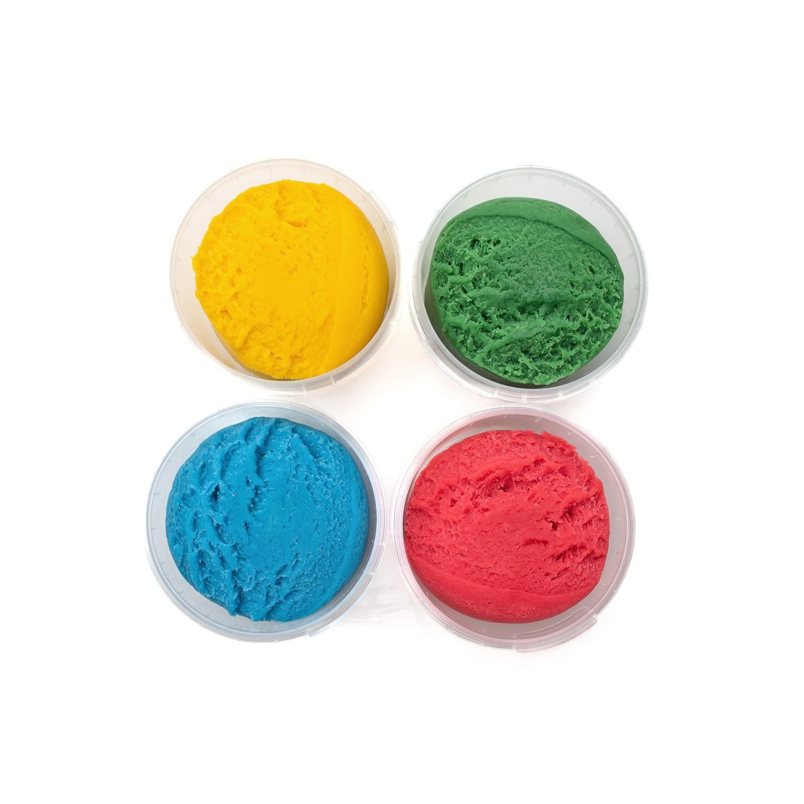 Top view of four open Neogrün Easy Clay pots in yellow, green, blue and red