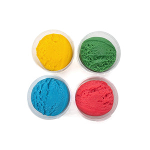 Top view of four open Neogrün Easy Clay pots in yellow, green, blue and red